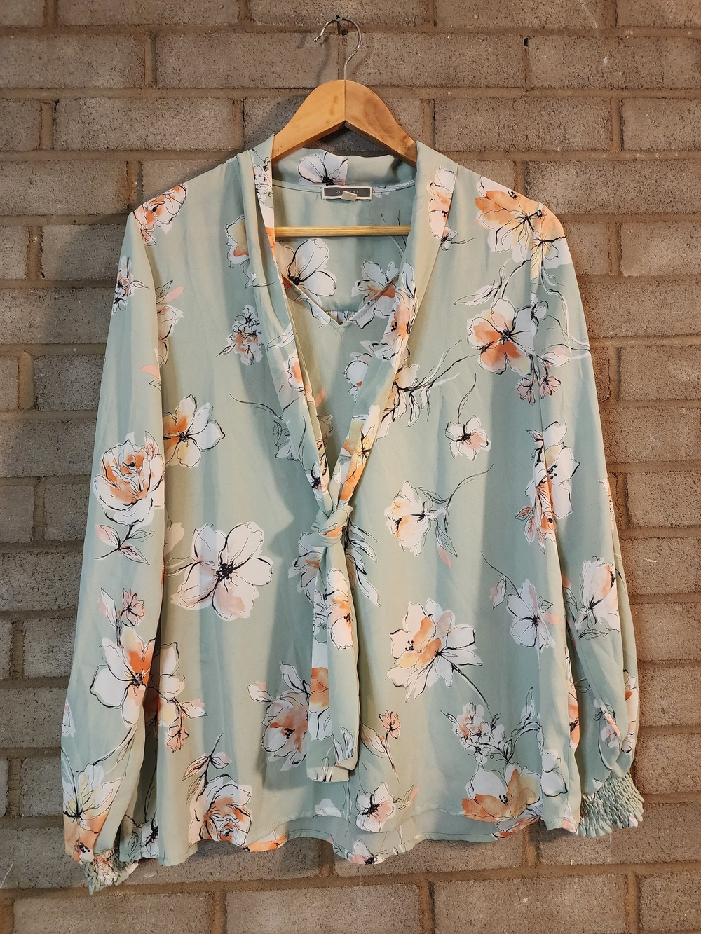 Pleione Floral Tie-Neck Blouse in Sage Green